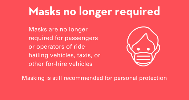 Masks are no longer required for passengers or operators of ride-hailing vehicles, taxis, or other for-hire vehicles. Masking is still recommended for personal protection.